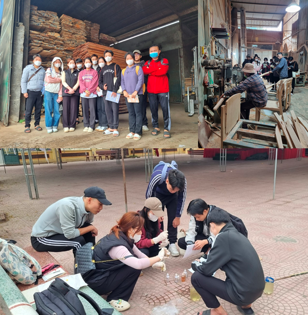 Sinh viên Trường Đại học Lâm nghiệp thực tập tại làng nghề và thực hành phân tích mẫu tại hiện trường. (Ảnh: NTCC) lam-nghiep-1.png