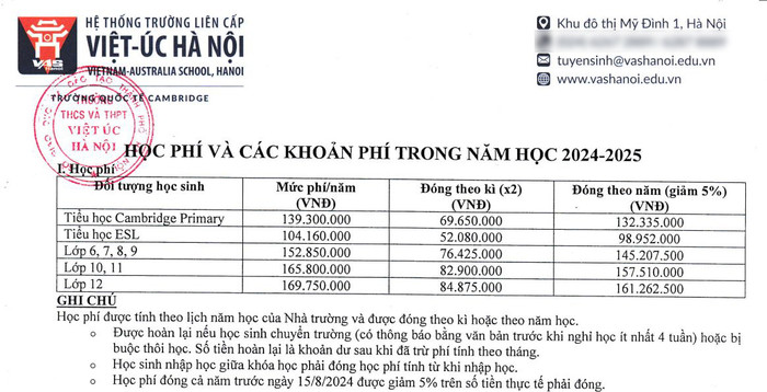 Học phí hệ quốc tế Cambridge năm học 2024-2025 của trường. (Ảnh chụp màn hình tài liệu nhân viên tư vấn cung cấp ngày 1/7/2024) hoc-phi-he-cam.JPG