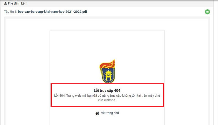 Mặc dù có hiển thị trên website nhưng tất cả các mục trong báo cáo 3 công khai của trường năm học 2021-2022 đều không truy cập được. (Ảnh chụp màn hình) Mặc dù có hiển thị trên website nhưng tất cả các mục trong báo cáo 3 công khai của trường năm học 2021-2022 đều không truy cập được. (Ảnh chụp màn hình)