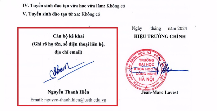 Mẫu kê khai của Trường Đại học Khoa học và Công nghệ Hà Nội thiếu số điện thoại cán bộ kê khai. (Ảnh chụp màn hình) link-7811.jpg