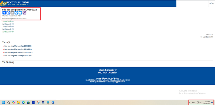 Báo cáo 3 công khai mới nhất trên website của Học viện Tài chính mà phóng viên tìm thấy được là báo cáo của năm học 2021-2022. (Ảnh chụp màn hình ngày 15/10/2024) HVTC-3CK.png