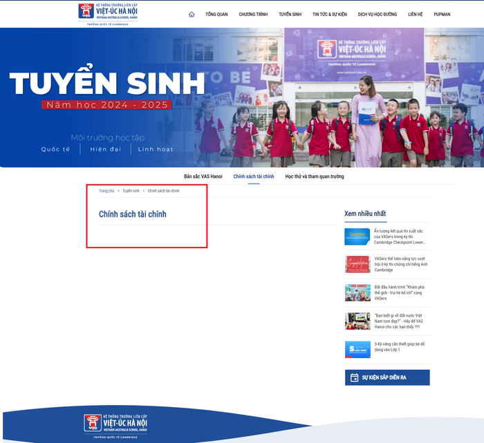Trước đó, vào ngày 3/7, phóng viên truy cập website và không tìm thấy thông về học phí trên trang thông tin điện tử của trường. (Ảnh chụp màn hình website nhà trường ngày 3/7/2024) viet-uc.png