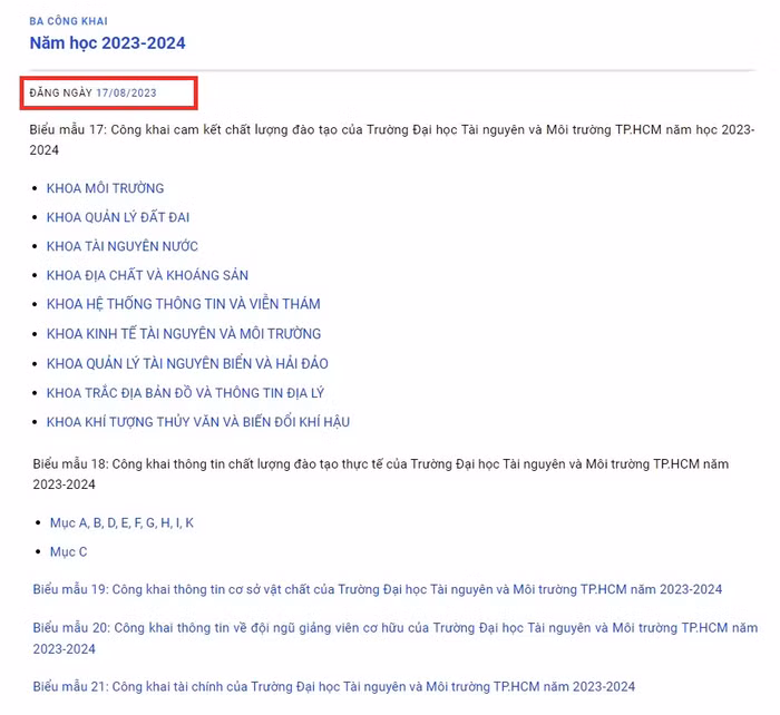 Nội dung báo cáo ba công khai năm học 2023-2024 được nhà trường đăng tải ngày 17/8/2023.