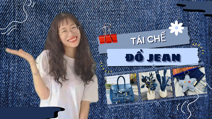 Chị Nguyễn Thị Hải Yến đã sáng tạo và biến những chiếc quần jean cũ thành sản phẩm thời trang tái chế độc đáo. (Ảnh: NVCC. Thiết kế: Ngọc Trâm) unnamed - 2025-02-14T155320.878.png