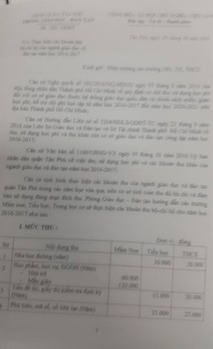 Trích văn bản số 788 về các khoản thu hộ, chi hộ trong nhà trường quận Tân Phú (ảnh: P.L) Trích văn bản số 788 về các khoản thu hộ, chi hộ trong nhà trường quận Tân Phú (ảnh: P.L)