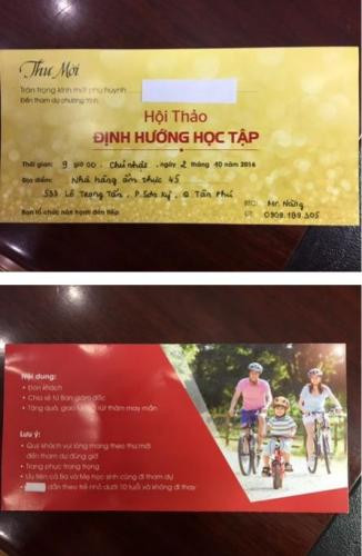 Thư mời mà phụ huynh nhận được, hoàn toàn không có tên đơn vị tổ chức (ảnh: CTV) Thư mời mà phụ huynh nhận được, hoàn toàn không có tên đơn vị tổ chức (ảnh: CTV)