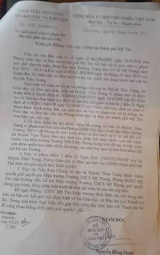 Văn bản chỉ đạo mới nhất của tỉnh Tiền Giang về vụ cô giáo đánh học sinh (ảnh: P.L) Văn bản chỉ đạo mới nhất của tỉnh Tiền Giang về vụ cô giáo đánh học sinh (ảnh: P.L)