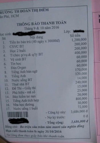Bảng kê chi tiết số tiền phụ huynh Trường Đoàn Thị Điểm phải đóng cho tháng 9, 10 (ảnh: CTV) Bảng kê chi tiết số tiền phụ huynh Trường Đoàn Thị Điểm phải đóng cho tháng 9, 10 (ảnh: CTV)