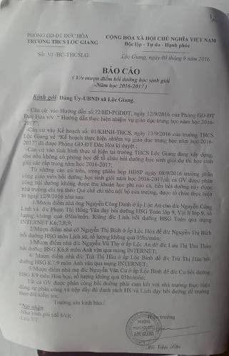 Văn bản báo cáo UBND xã Lộc Giang việc mượn phòng dạy bồi dưỡng học sinh giỏi của trường (ảnh: P.L) Văn bản báo cáo UBND xã Lộc Giang việc mượn phòng dạy bồi dưỡng học sinh giỏi của trường (ảnh: P.L)