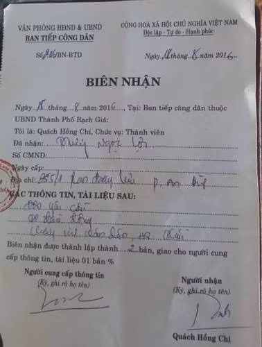 Biên nhận tiếp nhận hồ sơ vụ việc mà Ban tiếp công dân thành phố Rạch Giá cấp cho thầy Lợi (Ảnh: P.L)