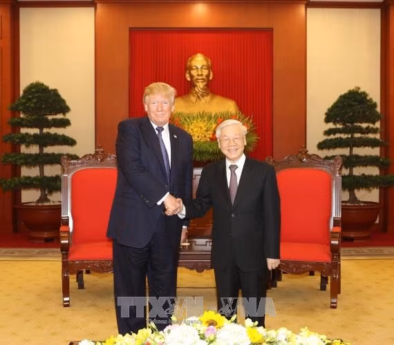 Tổng Bí thư Nguyễn Phú Trọng tiếp Tổng thống Hoa Kỳ Donald Trump thăm cấp Nhà nước tới Việt Nam. Ảnh: Trí Dũng/TTXVN