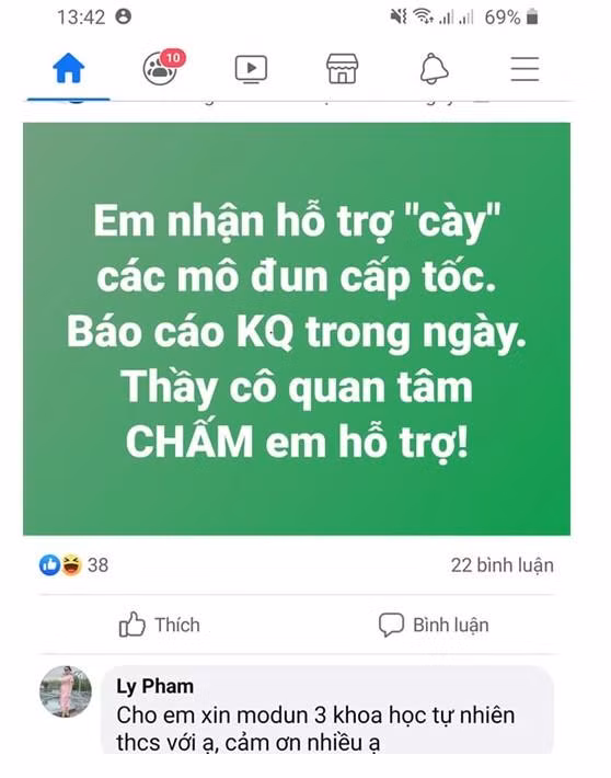Quảng cáo dịch vụ học hộ trên mạng Facebook. (Ảnh chụp màn hình)