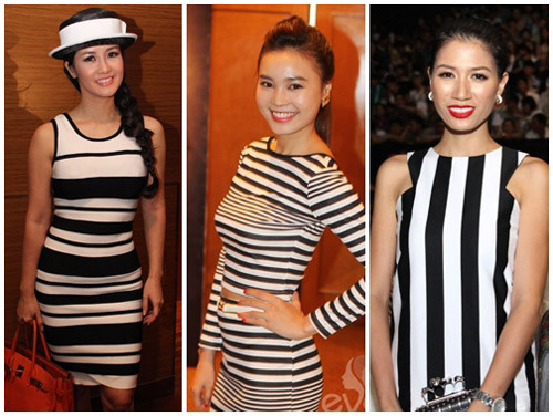 Hồng Nhung gợi cảm cùng đầm ôm sát có đường sọc kẻ lớn nhỏ khá bắt mắt, Lan Ngọc nữ tính hơn với đường sọc nhỏ, váy ôm dáng chuẩn, điểm nhấn tại chân váy loe khá hợp mốt. Trang Trần cũng không ngần ngại với những đường sọc dọc tạo cảm giác về chiều cao. Hồng Nhung gợi cảm cùng đầm ôm sát có đường sọc kẻ lớn nhỏ khá bắt mắt, Lan Ngọc nữ tính hơn với đường sọc nhỏ, váy ôm dáng chuẩn, điểm nhấn tại chân váy loe khá hợp mốt. Trang Trần cũng không ngần ngại với những đường sọc dọc tạo cảm giác về chiều cao.