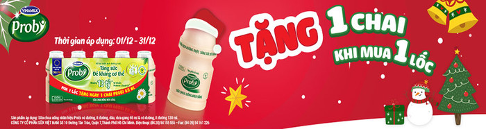 Từ ngày 1/12 đến ngày 31/12, khi mua một lốc sữa chua Probi khách hàng sẽ được tặng một chai. Từ ngày 1/12 đến ngày 31/12, khi mua một lốc sữa chua Probi khách hàng sẽ được tặng một chai.