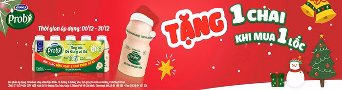 Từ ngày 1/12 đến ngày 31/12, khi mua một lốc sữa chua Probi khách hàng sẽ được tặng một chai. Từ ngày 1/12 đến ngày 31/12, khi mua một lốc sữa chua Probi khách hàng sẽ được tặng một chai.