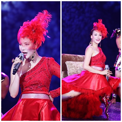 Chẳng những diện những chiếc đầm "lông lá", cô còn tăng phần "sến' của mình lên với những chiếc mũ cũng "lông lá" không kém.