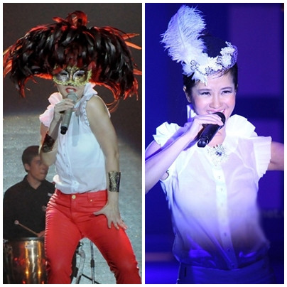 Cô Bống Hồng Nhung thi thoảng vẫn "nhát ma" khán giả bằng những chiếc mặt nạ và nơ tóc "lông lá" thế này.