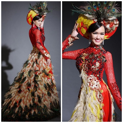 Chiếc áo dài "lông lá" này chẳng những khiến Thúy Vy trông có vẻ luộm thuộm, chúng còn "đánh cắp kha khá đường cong gợi cảm và cuốn hút của cô.