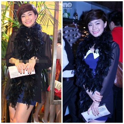 Chiếc khăn lông vũ của Lương Bích Hữu chẳng ăn nhập chút nào với bộ trang phục cô đang mặc trên người.