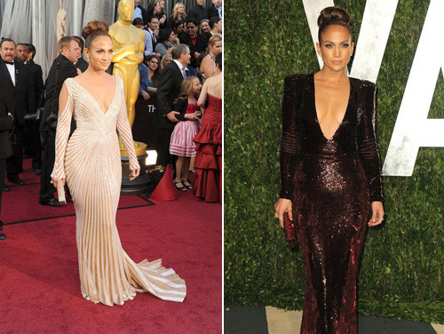 Jennifer Lopez cũng tài tình giấu đi nhược điểm phần trên bé hơn phần hông bằng những chiếc váy khoe ngực sâu hoặc độn vai