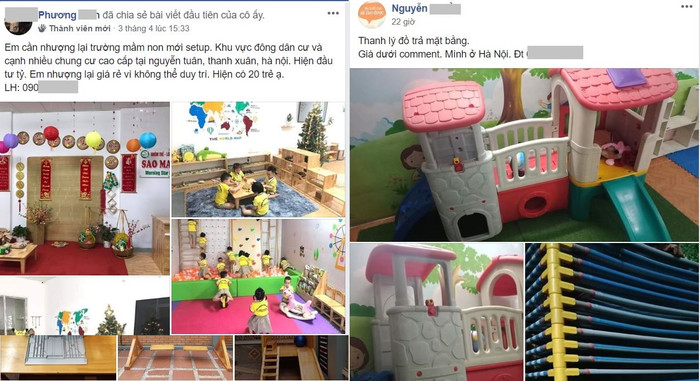 Nhiều chủ trường đăng rao bán, thanh lý, sang nhượng nhóm trường mầm non tư thục vì không thể duy trì do dịch bệnh Covid-19. Ảnh: Chụp màn hình NVCC. Nhiều chủ trường đăng rao bán, thanh lý, sang nhượng nhóm trường mầm non tư thục vì không thể duy trì do dịch bệnh Covid-19. Ảnh: Chụp màn hình NVCC.