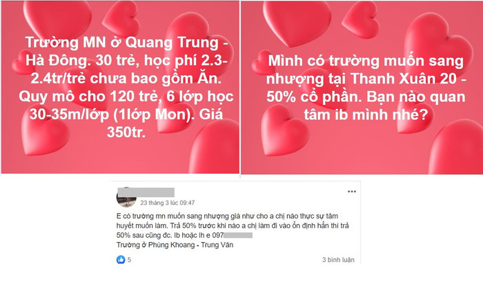 Đến giữa tháng 3 nhiều chủ trường mầm non tư thục đã không thể cầm cự được do dịch bệnh kéo dài đã phải đăng tin bán trường, sang nhượng giá rẻ. Ảnh: Chụp màn hình NVCC. Đến giữa tháng 3 nhiều chủ trường mầm non tư thục đã không thể cầm cự được do dịch bệnh kéo dài đã phải đăng tin bán trường, sang nhượng giá rẻ. Ảnh: Chụp màn hình NVCC.