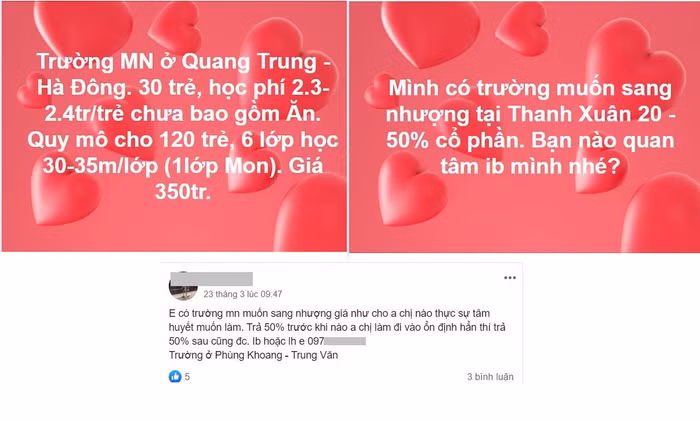 Đến giữa tháng 3 nhiều chủ trường mầm non tư thục đã không thể cầm cự được do dịch bệnh kéo dài đã phải đăng tin bán trường, sang nhượng giá rẻ. Ảnh: Chụp màn hình NVCC.