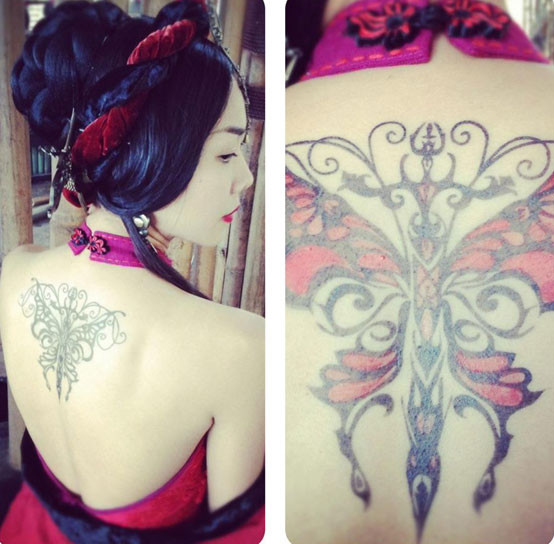 Tuy nhiên, nếu để ý kỹ thì đây chính là hình xăm của cô trong phim 'Mỹ nhân kế'. Theo lời Thanh Hằng đây chỉ là hình xăm giả mà cô thực hiện để phục vụ cho vai diễn tú bà trong phim.