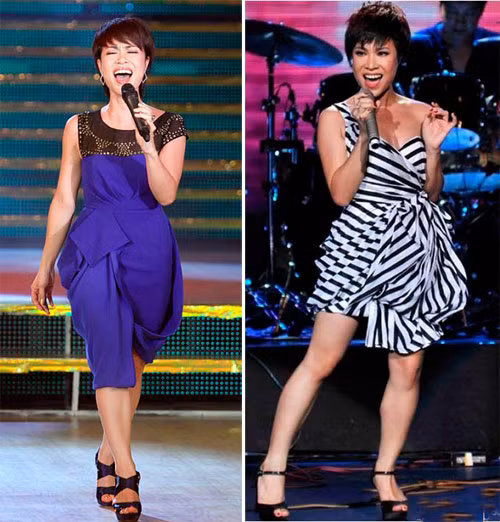 Một Uyên Linh để lộ quá nhiều nhược điểm trên cơ thể, nhất là đôi chân ngắn vì phần chân váy được thiết kế quá cầu kỳ Một Uyên Linh để lộ quá nhiều nhược điểm trên cơ thể, nhất là đôi chân ngắn vì phần chân váy được thiết kế quá cầu kỳ