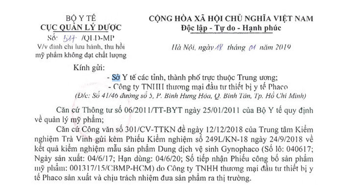 Cục Quản lý Dược vừa ban hành Công văn số 517/QLD-MP ngày 18/01/2019 về việc đình chỉ lưu hành, thu hồi mỹ phẩm không đạt chất lượng. Ảnh: dav.gov.vn. Cục Quản lý Dược vừa ban hành Công văn số 517/QLD-MP ngày 18/01/2019 về việc đình chỉ lưu hành, thu hồi mỹ phẩm không đạt chất lượng. Ảnh: dav.gov.vn.