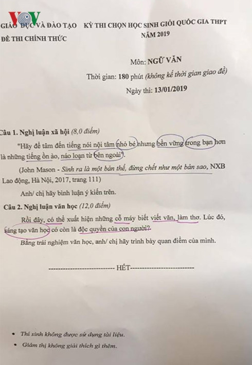 Đề thi môn Ngữ văn kỳ thi chọn học sinh giỏi Quốc gia Trung học phổ thông năm 2019. (Ảnh: VOV) Đề thi môn Ngữ văn kỳ thi chọn học sinh giỏi Quốc gia Trung học phổ thông năm 2019. (Ảnh: VOV)