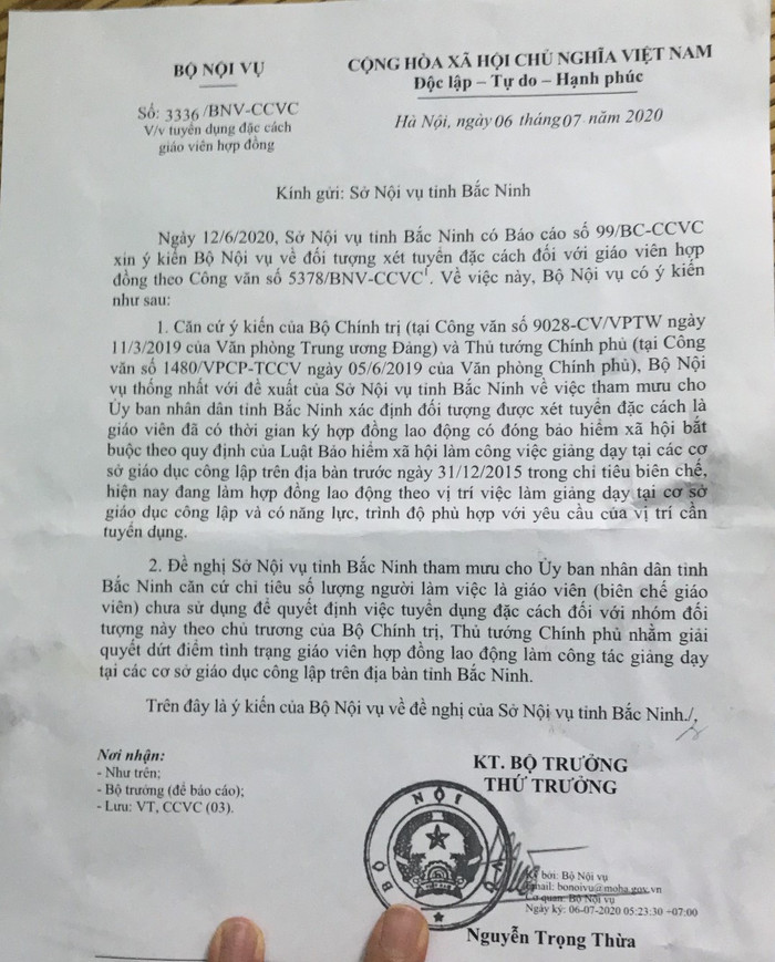 Công văn chỉ đạo của Bộ Nội vụ vấn đề giáo viên hợp đồng Bắc Ninh (Ảnh:N.D)