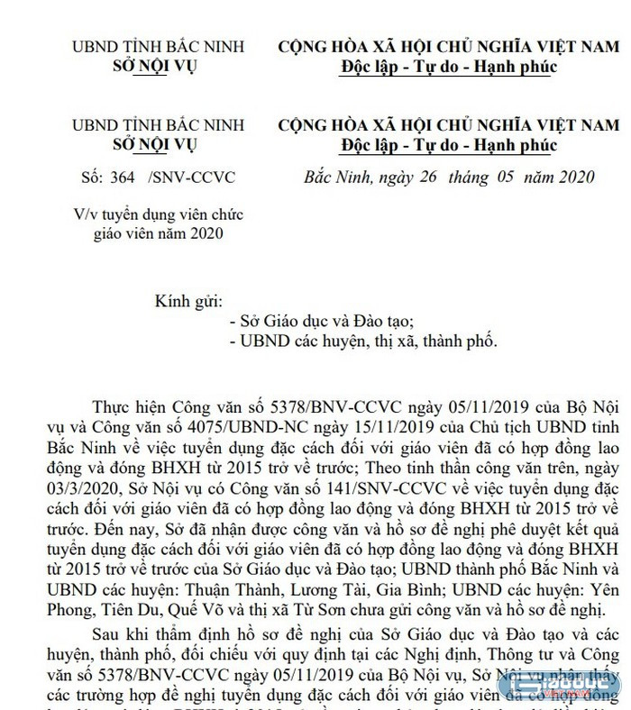 Công văn 364 của Sở Nội vụ Bắc Ninh không công nhận kết quả thi tuyển đặc cách của 148 giáo viên hợp đồng (Ảnh:N.D)