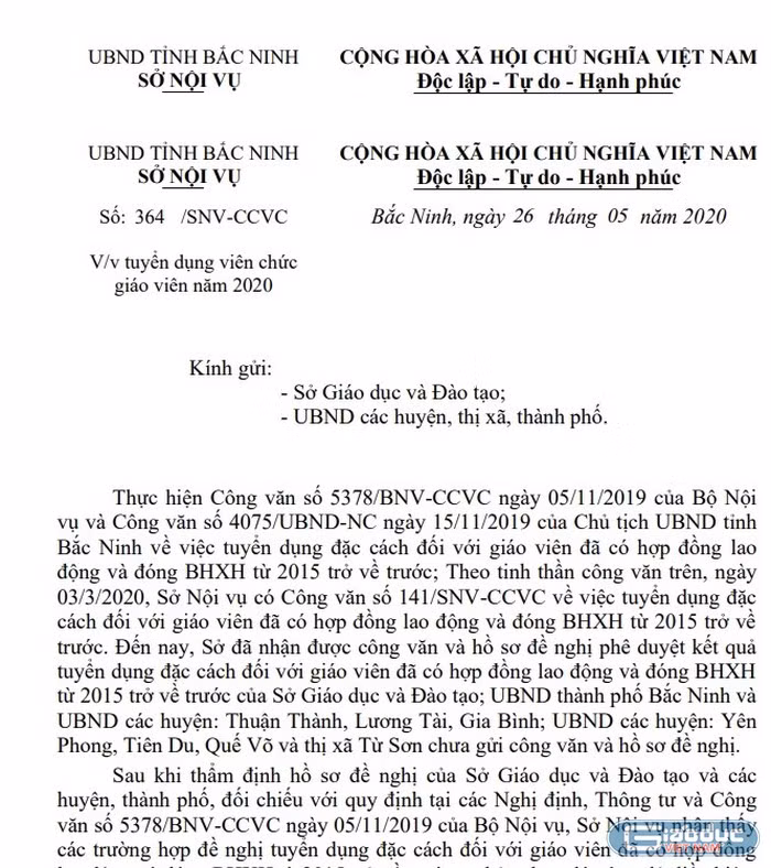 Công văn 364 của Sở Nội vụ Bắc Ninh không công nhận kết quả thi tuyển đặc cách của 148 giáo viên hợp đồng (Ảnh:N.D)