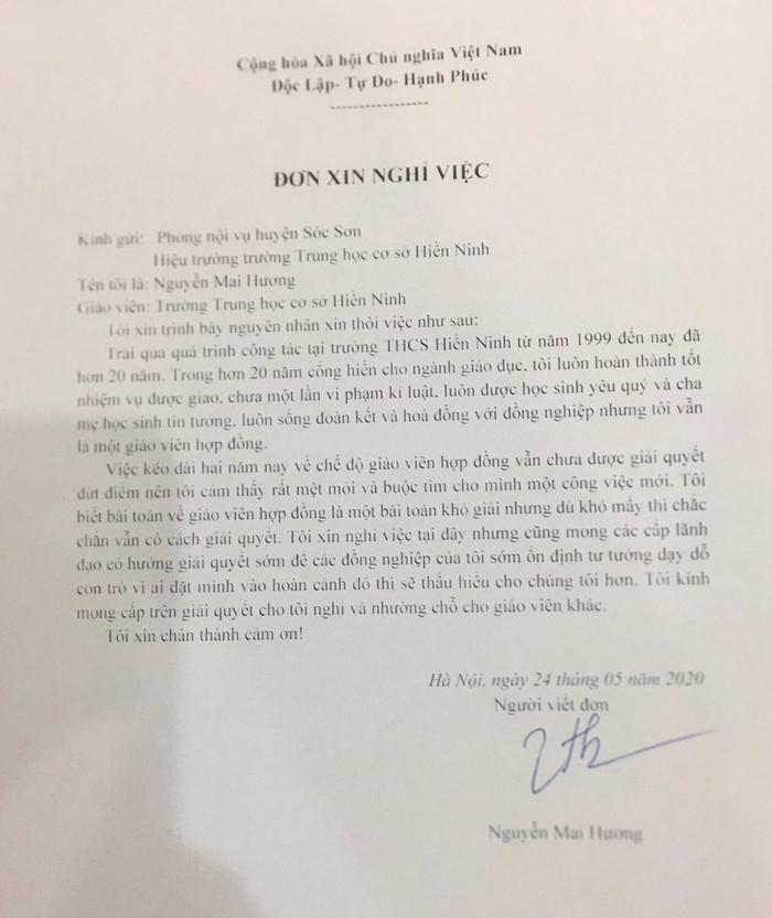 Đơn xin nghỉ việc của cô giáo Nguyễn Mai Hương (Ảnh:V.N) Đơn xin nghỉ việc của cô giáo Nguyễn Mai Hương (Ảnh:V.N)