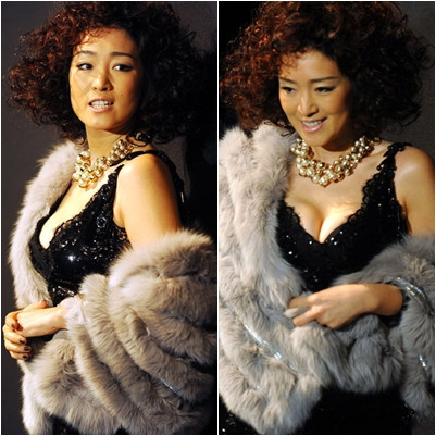 Không những bất chấp tuổi tác, mà kể cả vào những ngày mùa đông lạnh giá, Củng Lợi vẫn "khoe ngực" như thường