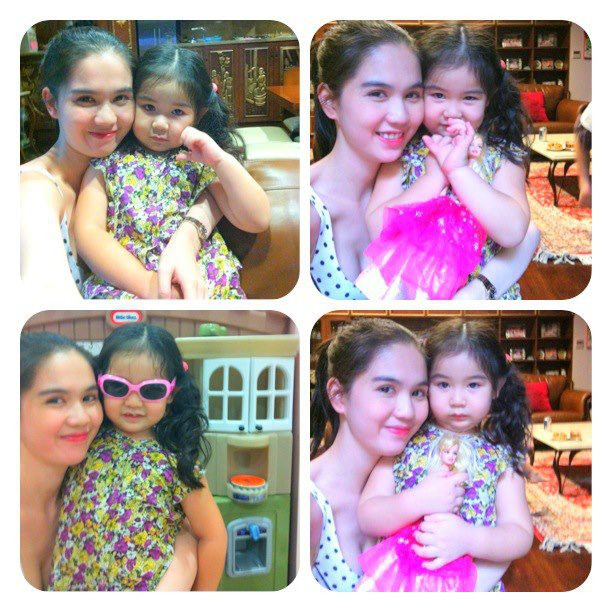 Chụp ảnh cùng cô cháu gái nhỏ đáng yêu. Nhiều người có nhận xét cô bé có đôi mắt rất giống với "nữ hoàng nội y"