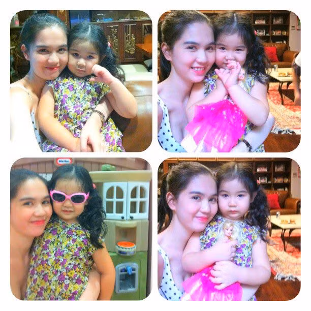 Chụp ảnh cùng cô cháu gái nhỏ đáng yêu. Nhiều người có nhận xét cô bé có đôi mắt rất giống với "nữ hoàng nội y"