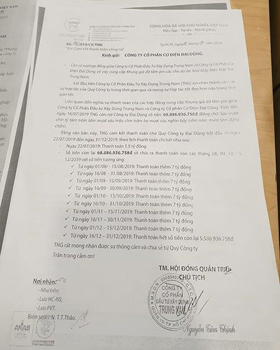 Văn bản cam kết lộ trình trả nợ hơn 69 tỷ đồng của Trung Nam cho phía Đại Dũng (ảnh: P.L) Văn bản cam kết lộ trình trả nợ hơn 69 tỷ đồng của Trung Nam cho phía Đại Dũng (ảnh: P.L)