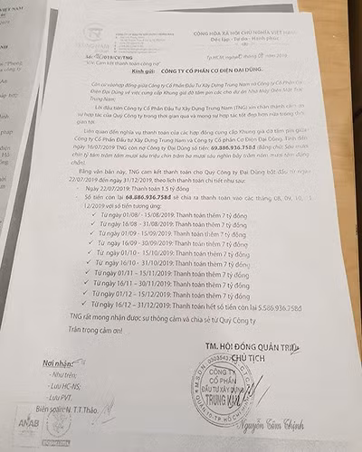 Văn bản cam kết lộ trình trả nợ hơn 69 tỷ đồng của Trung Nam cho phía Đại Dũng (ảnh: P.L) Văn bản cam kết lộ trình trả nợ hơn 69 tỷ đồng của Trung Nam cho phía Đại Dũng (ảnh: P.L)