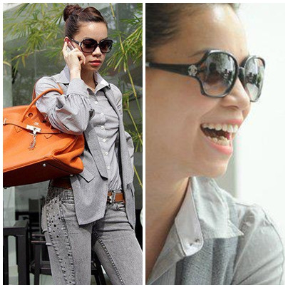 Gương mặt trái xoan thon gọn giúp Hồ Ngọc Hà có thể lựa chọn nhiều kiểu mắt kính cho mình