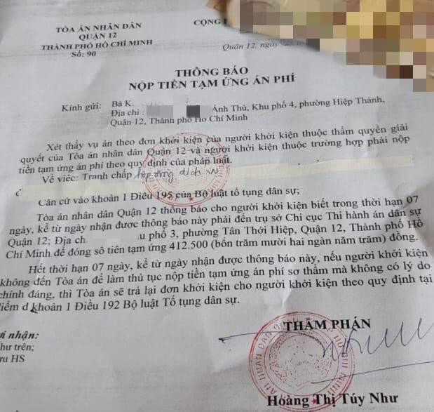 Thông báo nộp án phí vụ việc kiện dân sự của Trung tâm ngoại ngữ Pixard (ảnh: P.L) Thông báo nộp án phí vụ việc kiện dân sự của Trung tâm ngoại ngữ Pixard (ảnh: P.L)