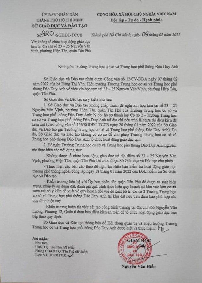 Văn bản 320 do Giám đốc Sở Giáo dục và Đào tạo Thành phố Hồ Chí Minh ký (ảnh: P.L) Văn bản 320 do Giám đốc Sở Giáo dục và Đào tạo Thành phố Hồ Chí Minh ký (ảnh: P.L)