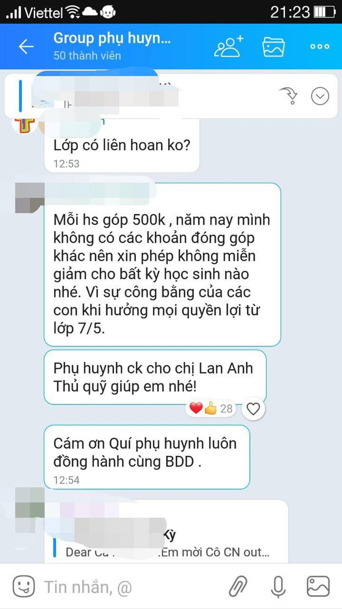 Tin nhắn Zalo đề nghị mỗi phụ huynh đóng 500.000 đồng, không miễn giảm cho học sinh nào (ảnh: phụ huynh cung cấp) Tin nhắn Zalo đề nghị mỗi phụ huynh đóng 500.000 đồng, không miễn giảm cho học sinh nào (ảnh: phụ huynh cung cấp)