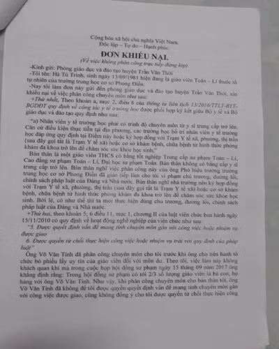Đơn khiếu nại của cô Trinh gửi lãnh đạo Phòng Giáo dục và Đào tạo huyện Trần Văn Thời (ảnh: P.L)