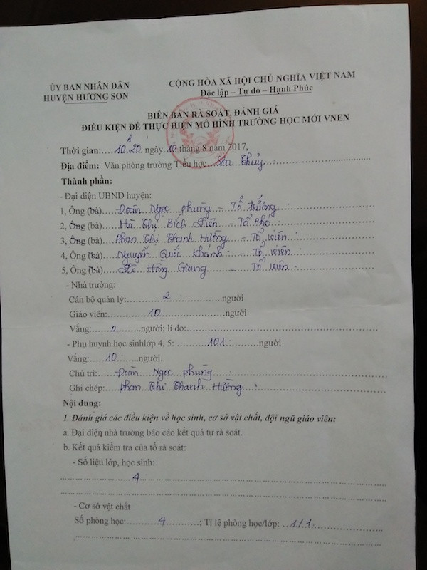 Kết quả rà soát, đánh giá tại Trường Tiểu học Sơn Thủy. (Ảnh: Lê Văn Vỵ)