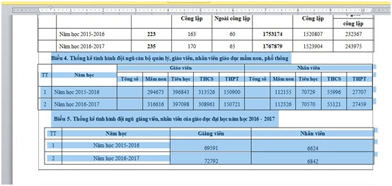 Số giảng viên và nhân viên từ mầm non đến đại học