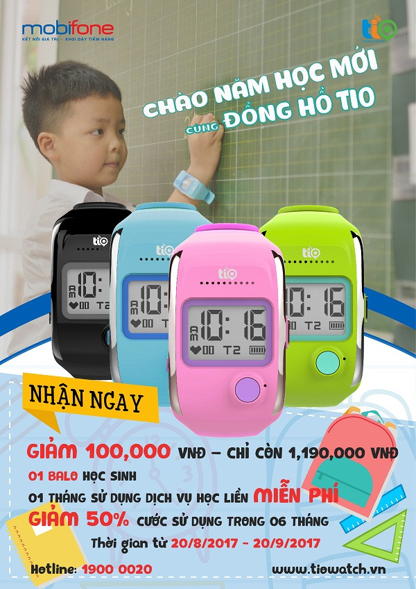 MobiFone dành tặng khách hàng nhiều ưu đãi hấp dẫn với sản phẩm đồng hồ thông minh TioKid nhân dịp năm học mới 2017. MobiFone dành tặng khách hàng nhiều ưu đãi hấp dẫn với sản phẩm đồng hồ thông minh TioKid nhân dịp năm học mới 2017.
