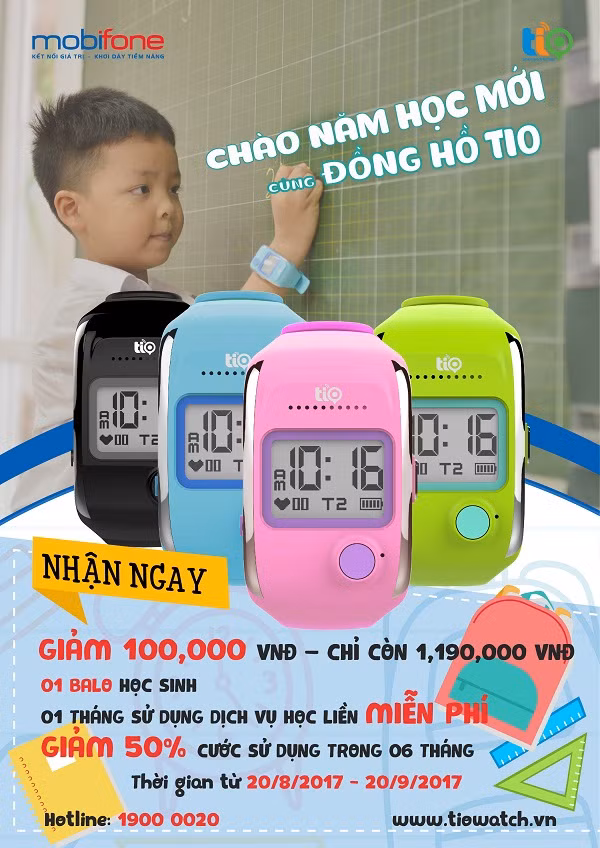 MobiFone dành tặng khách hàng nhiều ưu đãi hấp dẫn với sản phẩm đồng hồ thông minh TioKid nhân dịp năm học mới 2017.