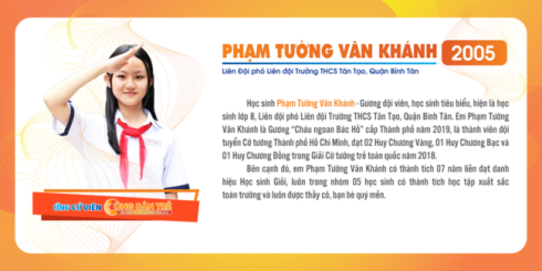 Nữ sinh Phạm Tường Vân Khánh, 1 trong 12 công dân trẻ tiêu biểu của thành phố năm 2019 (ảnh: Thành Đoàn) Nữ sinh Phạm Tường Vân Khánh, 1 trong 12 công dân trẻ tiêu biểu của thành phố năm 2019 (ảnh: Thành Đoàn)